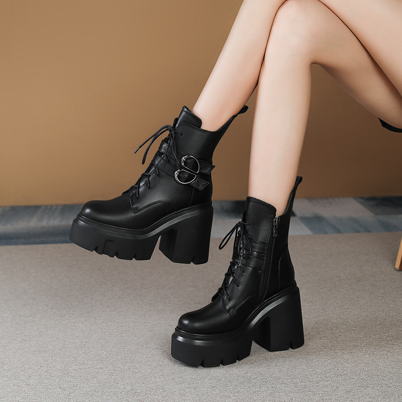 Boot nữ cổ thấp da thật phong cách Anh quốc, gót vuông 12 cm, khóa dây kéo — Lót nhung đen