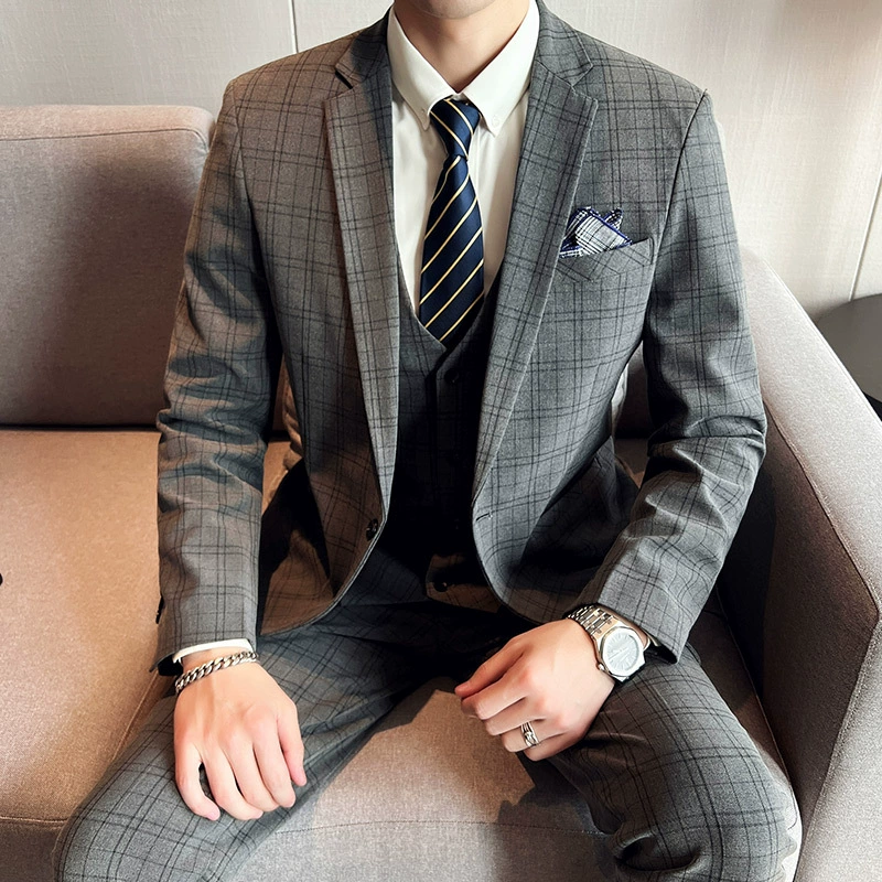 Весной и осенью новый свадебный костюм в клетку, мужской деловой Повседневный Профессиональный деловой костюм в Корейском стиле, костюм-тройка