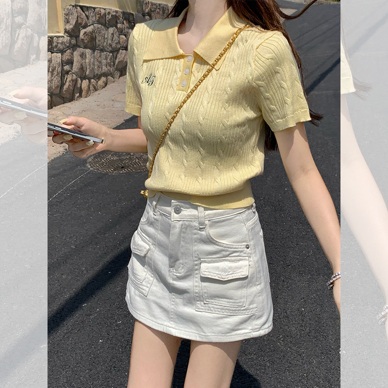 アイスシルクセーターイエローショルダー半袖Tシャツレディース夏新作スリムポロシャツショートトップ夏|undefined