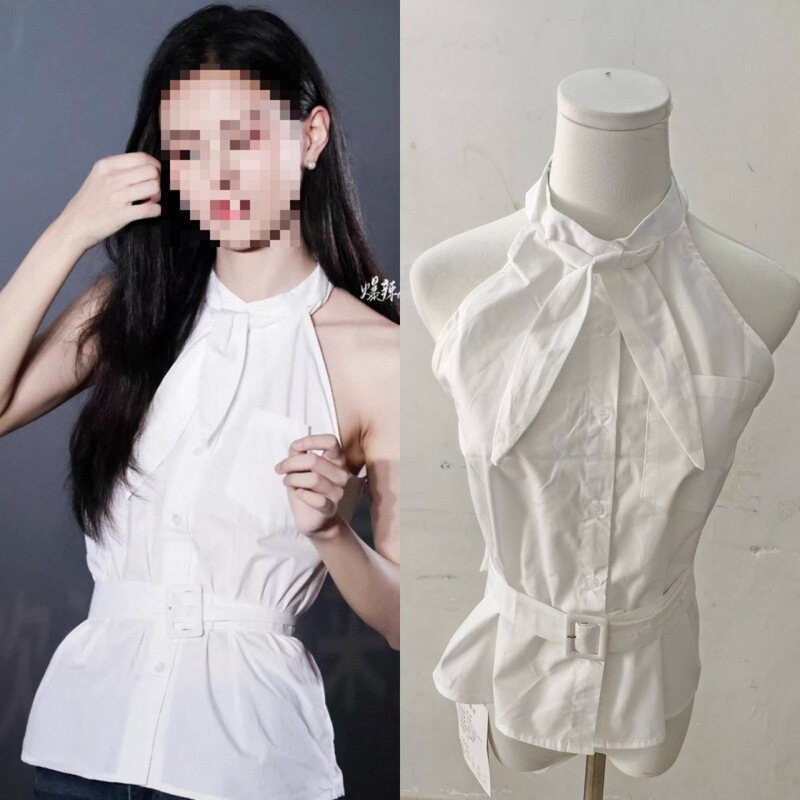 Long-Term In-Stock 2025 Summer Shen Yujie Style White Bunny Ear Playful Twist Halter Neck Sleeveless Shirt Top