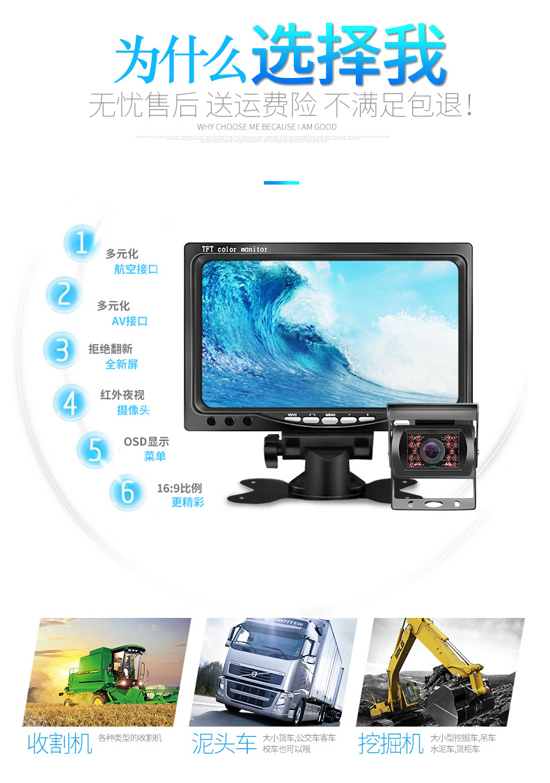 Truck reversing camera display 7inch AHD screen with standard aviation high-definition night vision camera lens 15m cable set