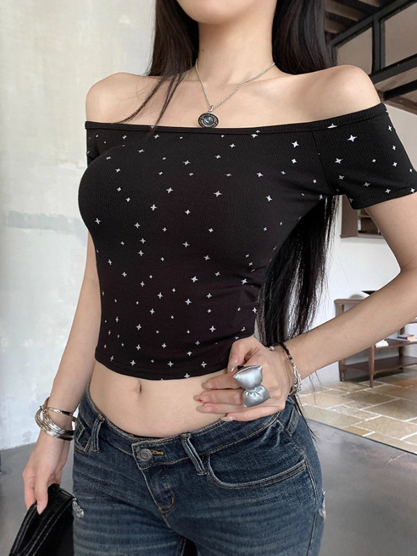 ins纯欲辣妹个性短款一字肩短袖T恤女夏外贸新款修身打底上衣女潮|undefined