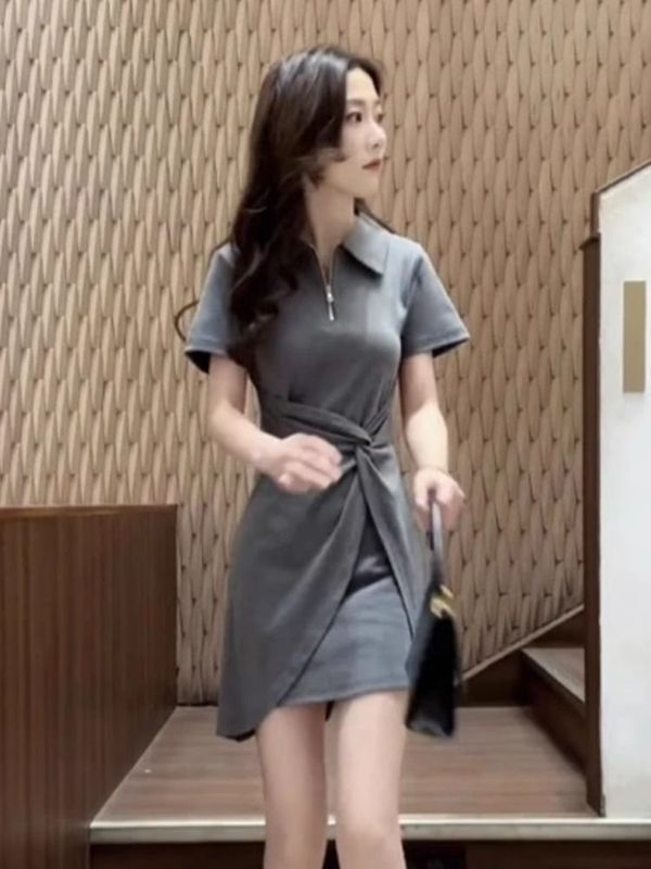 2025 夏の新ファッション気質ポロ襟年齢軽減 A ラインスカートハイエンドツイストドレス女性半袖|undefined