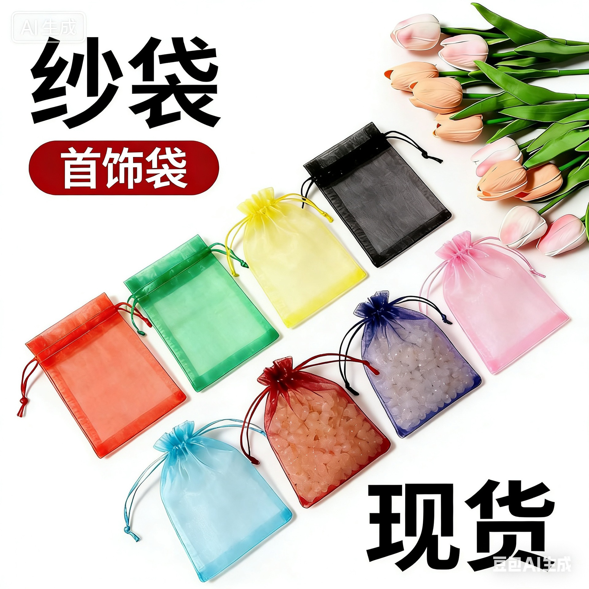 厂家现货纯色束口礼品袋欧根纱网袋婚礼糖果袋珍珠纱袋