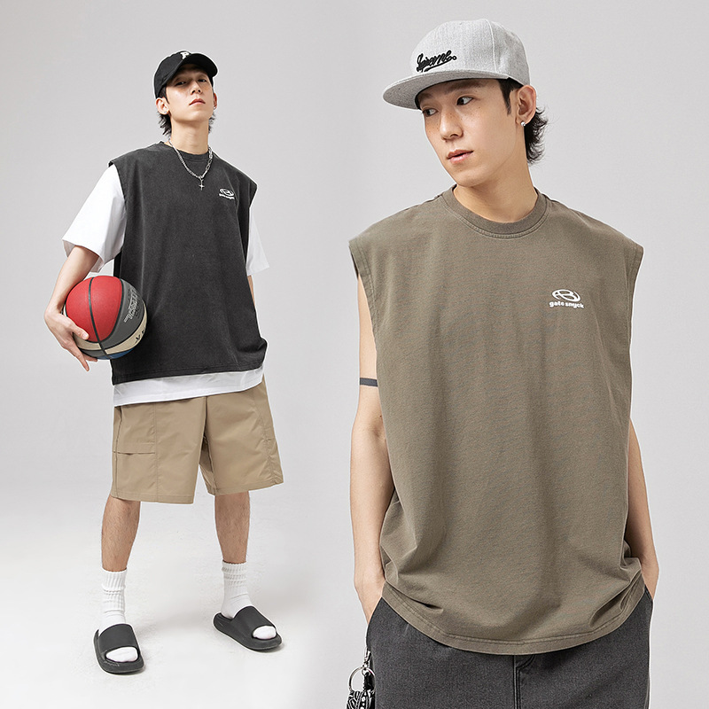 Korean Road Japanese Men's Retro Washed Fashion Brand Vest Men's Summer American Print High Street Loose Sleeveless T-Shirt q