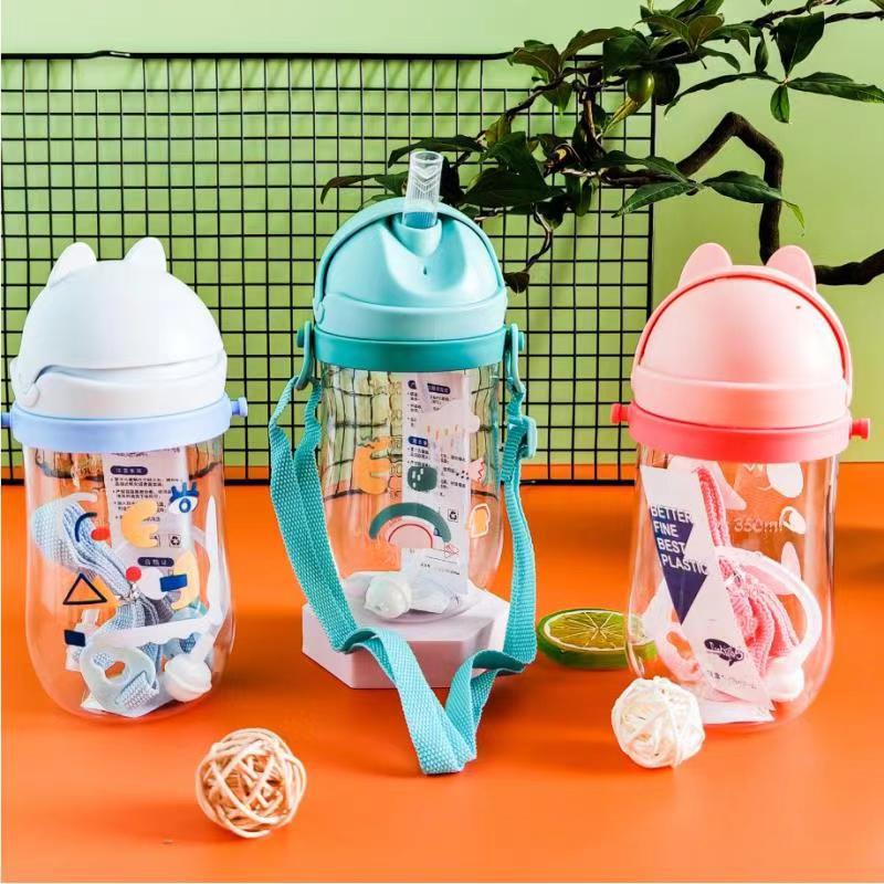 Tongqu gato 350ML paja de los niños taza de plástico taza de beber del bebé estudiante Flip taza de agua taza de beber de aprendizaje
