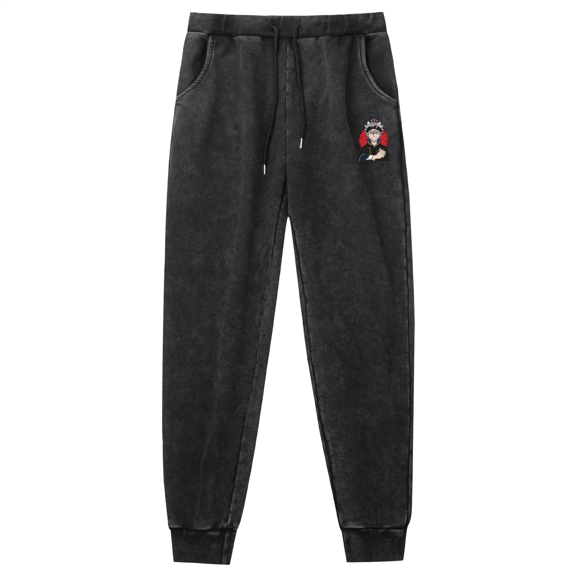 Lavado y desgastado pantalones retro negro trébol de cuatro hojas Black Clover venta caliente estampado al aire libre deportes de ocio