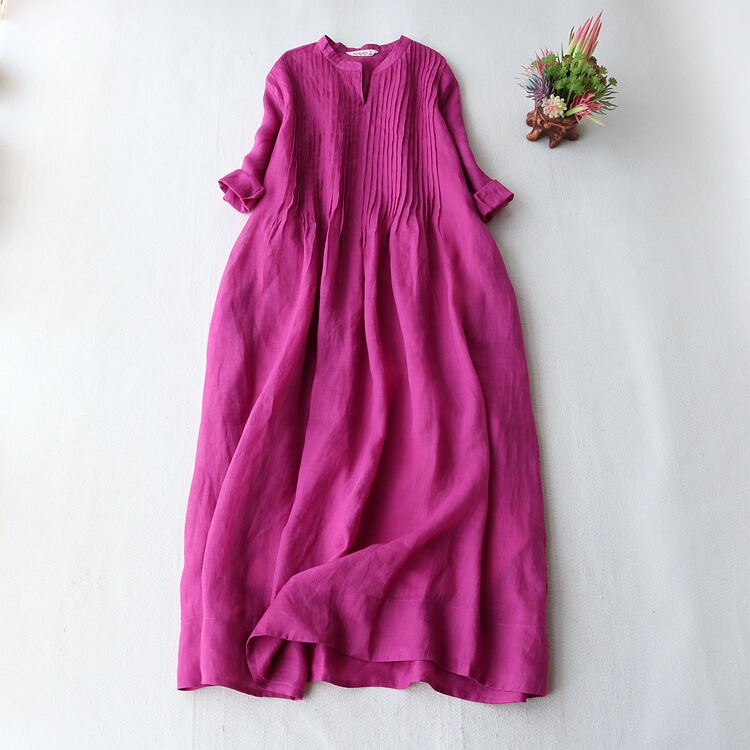 Cotton and Linen Dress for Women 2026 Summer Small Stand-Up Collar Elegant Pleated Seven-Quarter Sleeves Loose and Flowing Fairy-Like Solid Color Long Dress Cotton and Linen Dress for Women 2026 Summer Small Stand-Up Collar Elegant Pleated Seven-Quarter Sleeves Loose and Flowing Fairy-Like Solid Color Long Dress