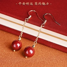 925银针朱砂耳坠养耳洞红色气质女敬酒服结婚新娘配饰耳饰珍珠国