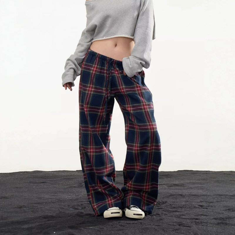 Plaid wide-leg pants for women, spring, autumn, winter, vintage design, straight-leg pants, loose, elastic high-waist, petite casual pants