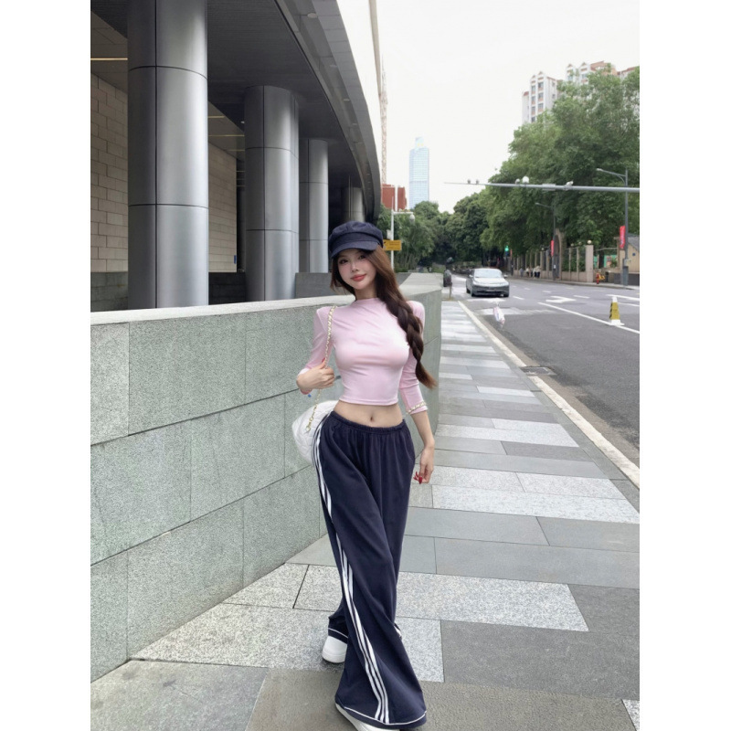 ホットガールピンクスリムフィット七分袖ボトムショートTシャツ+女性用カジュアルワイドレッグパンツスーツ|undefined