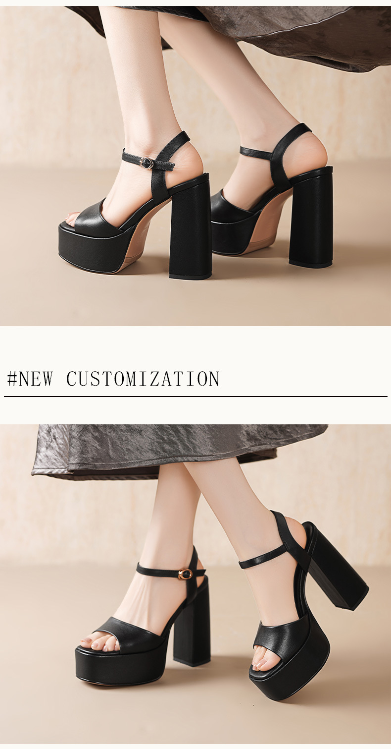 Sandal cao gót nữ hở mũi quai ngang khóa, đế dày gót thô 12 cm — Da bò trắng gạo chi tiết 3