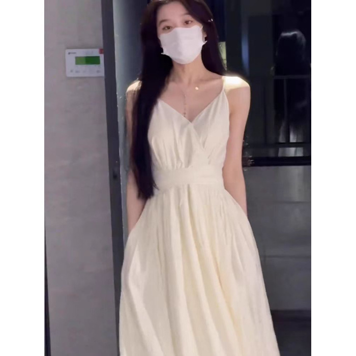 ティーブレイクフレンチドレス女性の夏のスイートウエスト痩身海辺休暇ノースリーブサスペンダーロングドレス|undefined