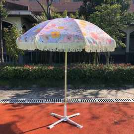 户外2米 流苏涤纶木色伞沙滩伞高品质印花休闲庭院装饰伞防风防雨