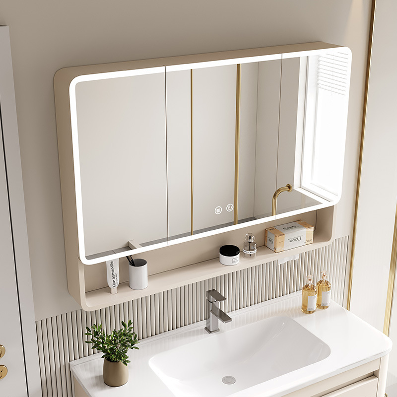 Space Aluminum Arc Intelligent Bathroom Mirror Cabinet with Lamp Bathroom Wall-mounted Storage Rack with Beauty Makeup Open Storage