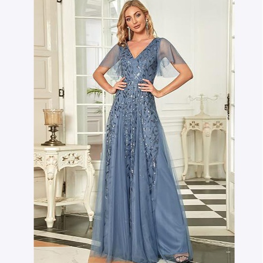 Sequined evening dress Amazon dress women's embroidered V-neck short sleeve maxi prom dress European and American women's fashion