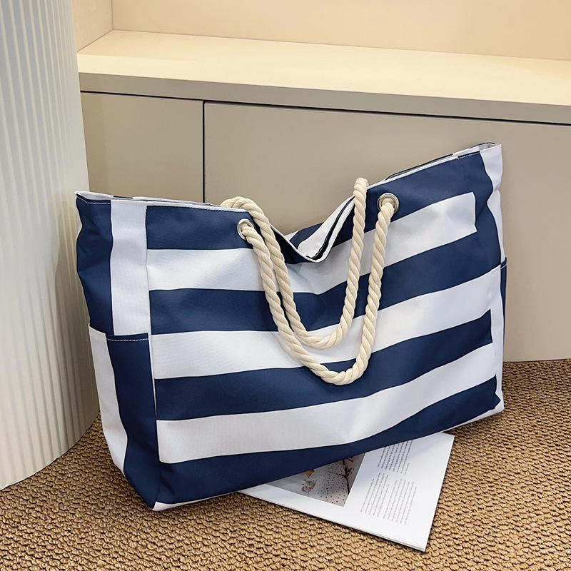 Bolsa Tote de Lona a Rayas de Lona Gran Capacidad con Cierre para Viajes, Compras y Playa image 5