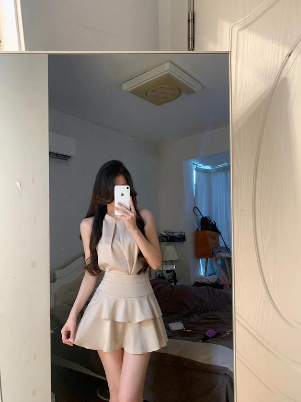 茶系穿搭一整套夏季小个子纯欲缎面无袖上衣蓬蓬半身裙两件套装女|undefined