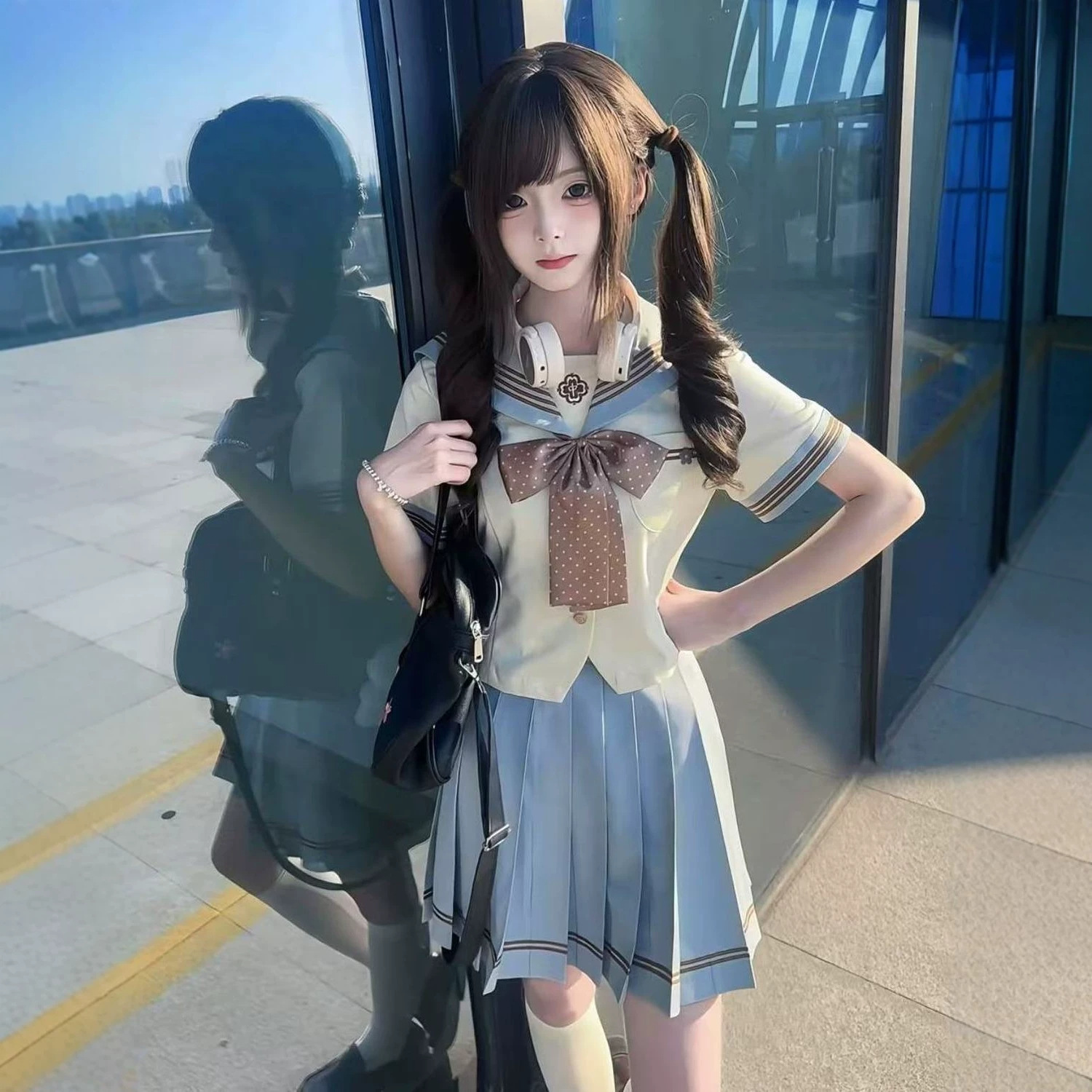 Original JK uniform set, sailor suit, Japanese style, spring/summer, girly, mint-colored, mid-length shirt, JK skirt, complete set.