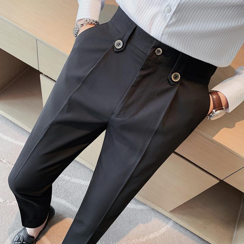 Otoño texturizado pantalones de traje de hombre flaco pantalones casuales pantalones de color sólido botón decorativo estilo coreano slim fit pantalones de moda hombres