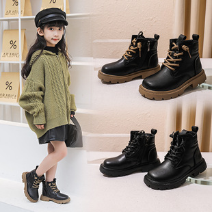 Girls' Boots 2025 Autumn and Winter New Style Fleece-Lined Leather Boots Medium and Large Kidsren's Genuine Leather Boys' Short Boots Kidsren's Shoes Boots