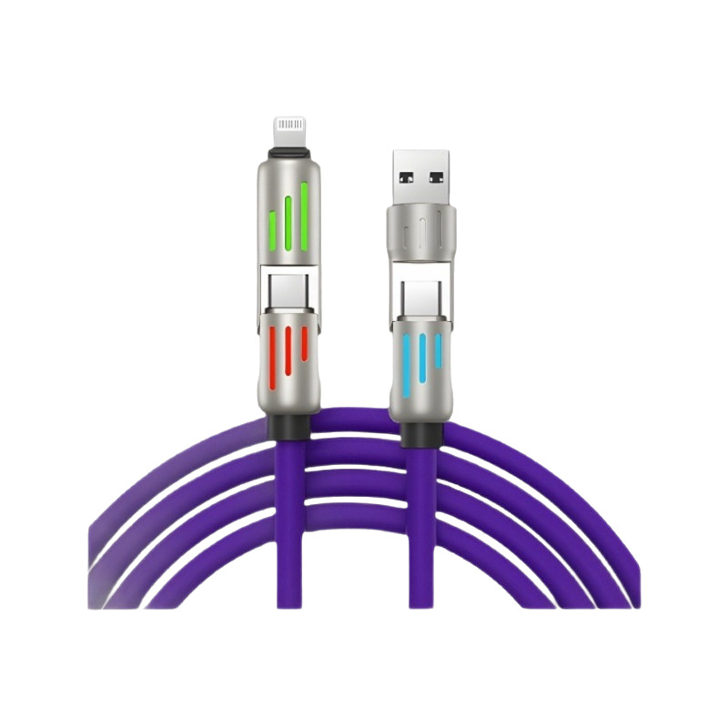 シリコン製240Wデータケーブル急速充電2in1七色呼吸灯付き多機能車載用Type-C充電ケーブル