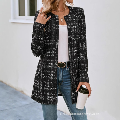 Ladies' Casual Elegant Plaid Crew Neck Cardigan for Spring and Autumn