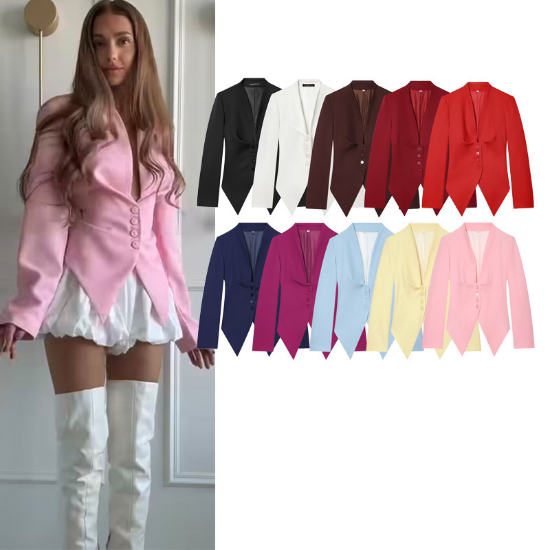 10-Color Irregular Waist-Cinching Blazer for Women, Spring and Autumn V-Neck Design, Slim Fit, Elegant Small Suit Wholesale 10-Color Irregular Waist-Cinching Blazer for Women, Spring and Autumn V-Neck Design, Slim Fit, Elegant Small Suit Wholesale