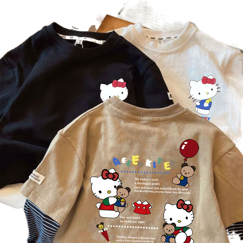 女の子長袖Tシャツ春秋子供ベビーハローキティラウンドネックボトムシャツフェイクツーピーストップt0087A008|undefined