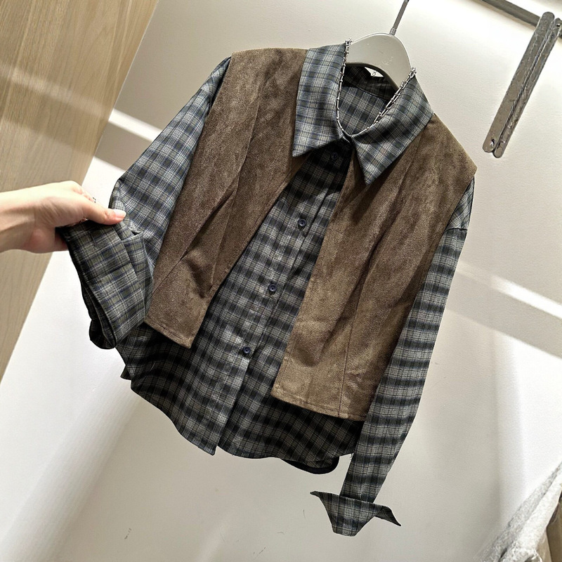 Suede vest and long-sleeve plaid shirt for women, 2026 autumn new high-end European style, relaxed vibe, internet celebrity two-piece set Suede vest and long-sleeve plaid shirt for women, 2026 autumn new high-end European style, relaxed vibe, internet celebrity two-piece set