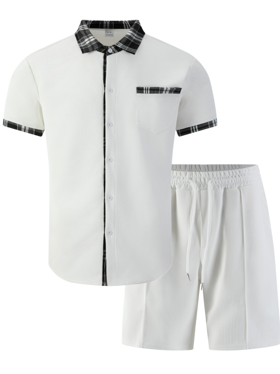 Men's Breathable Waffle Plaid Patchwork Cardigan Shirt And Shorts Set Short Sleeved Casual Suit_viptrois.com