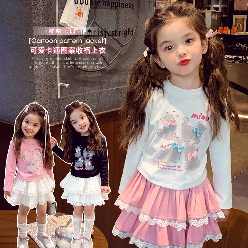 Children's Autumn New Long-Sleeve Top for Middle Children Spring and Autumn Inner T-Shirt Cartoon Print Girls' Base Shirt Wholesale