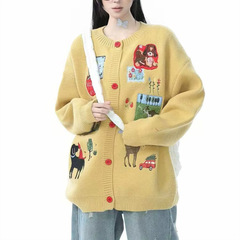 卡通重工刺绣黄色毛衣女秋季美式复古慵懒风针织开衫外套女上衣潮
