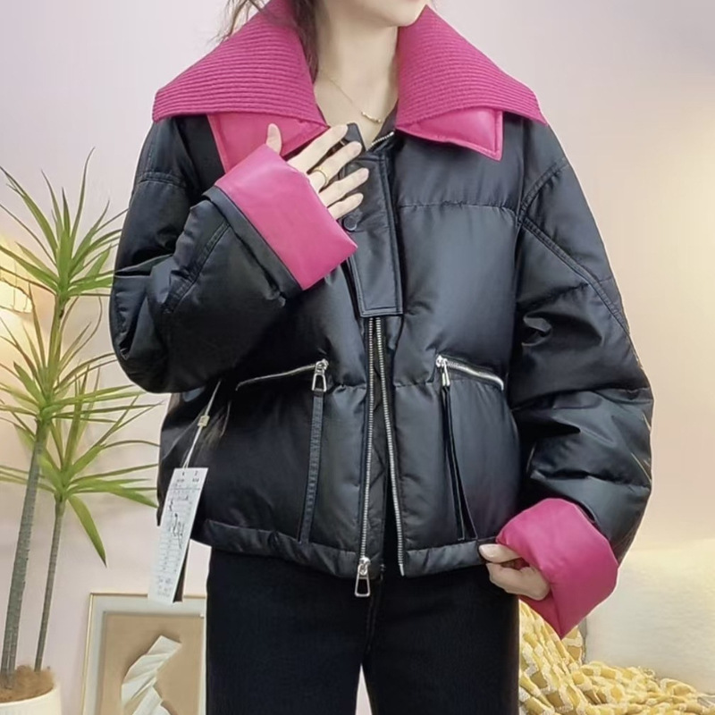 2026 Winter New Product: Boutique Brand Fashion Casual Patchwork Knit Collar PU Leather Down Jacket 051