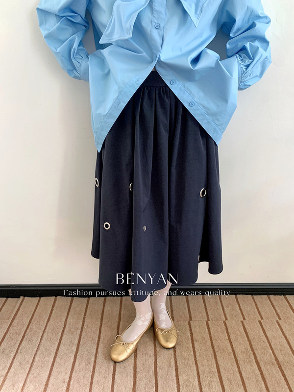 BENYAN本言 秋法式复古镂空圆环设计a字显瘦中长款半身裙女82299|undefined