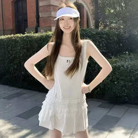 正确字母版MU家无袖蛋糕裙女百搭甜美风连衣裙法式纯色吊带短裙