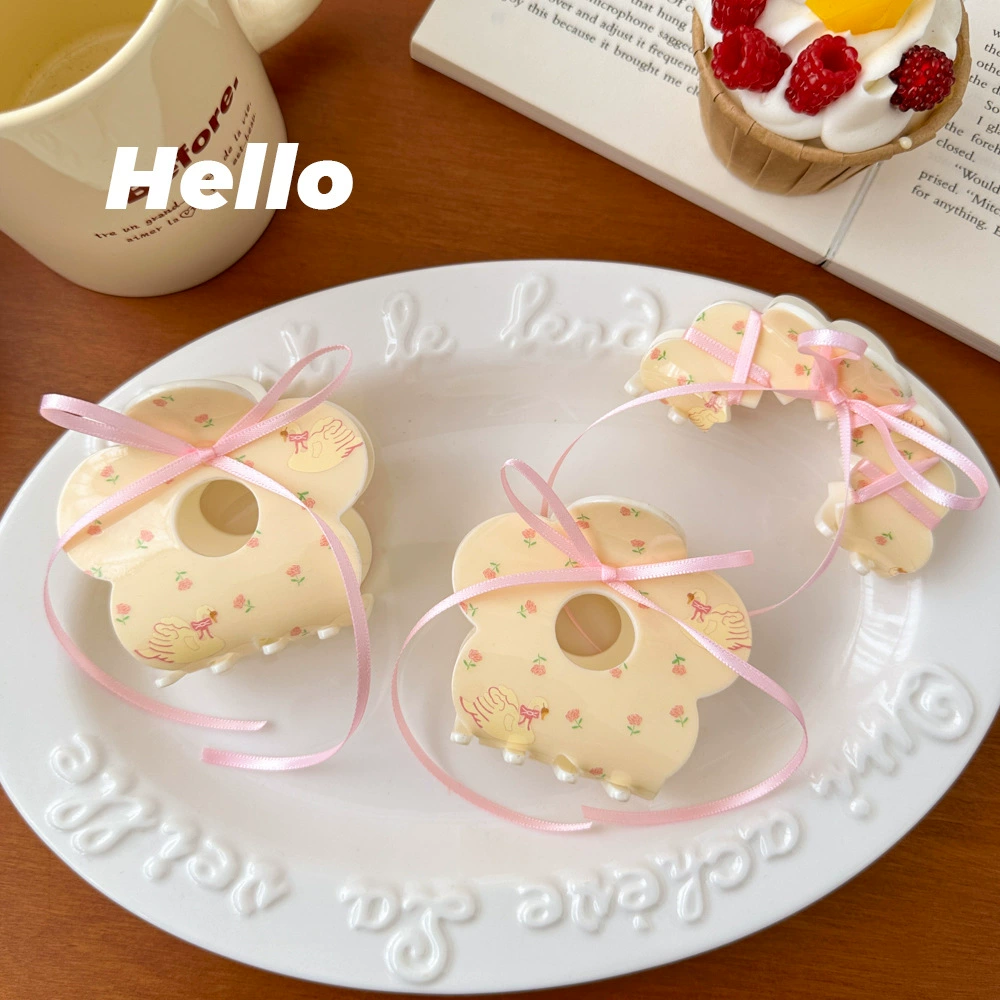 Hair band set — cream floral bow hairband with clips and crab pin, cute hairgrips (2–4 pcs)