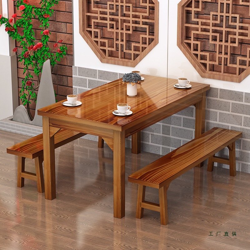 Hotel Tables and Chairs, Restaurant Fast Food Tables and Chairs, Retro Noodle Shop Snacks, Barbecue Hot Pot Restaurant Carbonized Solid Wood Dining Table and Chair Combination