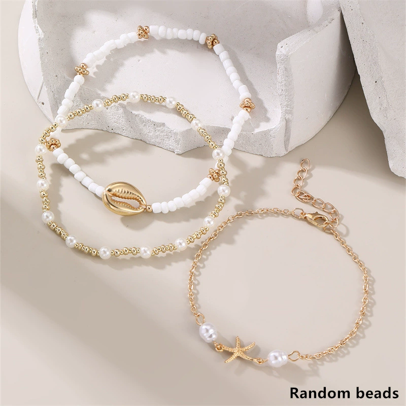 Ankle Bracelet, Boho Beach Style White Elastic Pendant, Shell & Starfish Accent