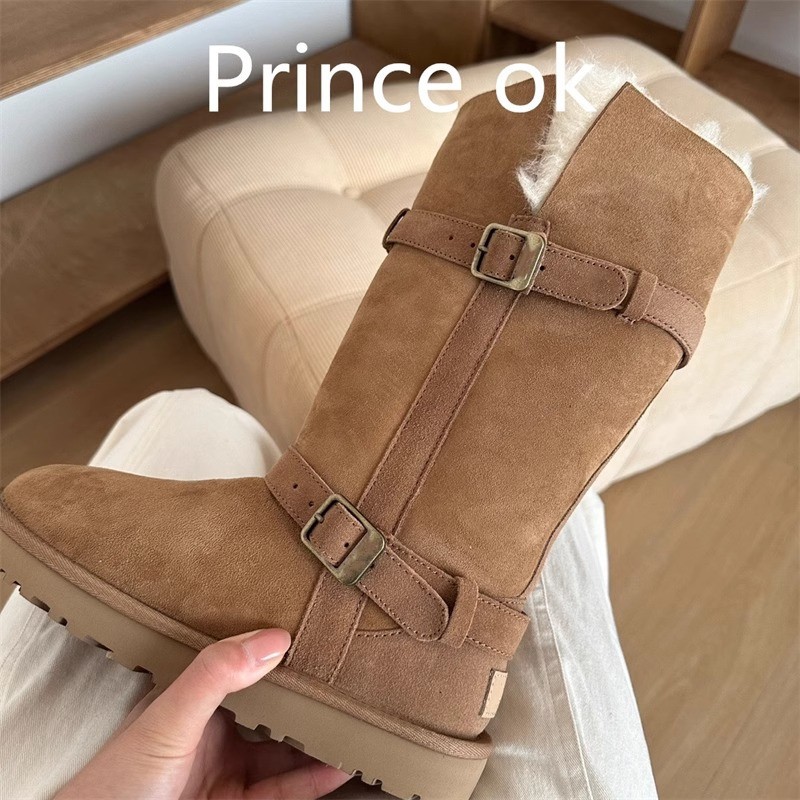 雪地靴女非皮毛 一体加绒高筒骑士靴冬翻毛两穿双皮扣加厚保暖棉