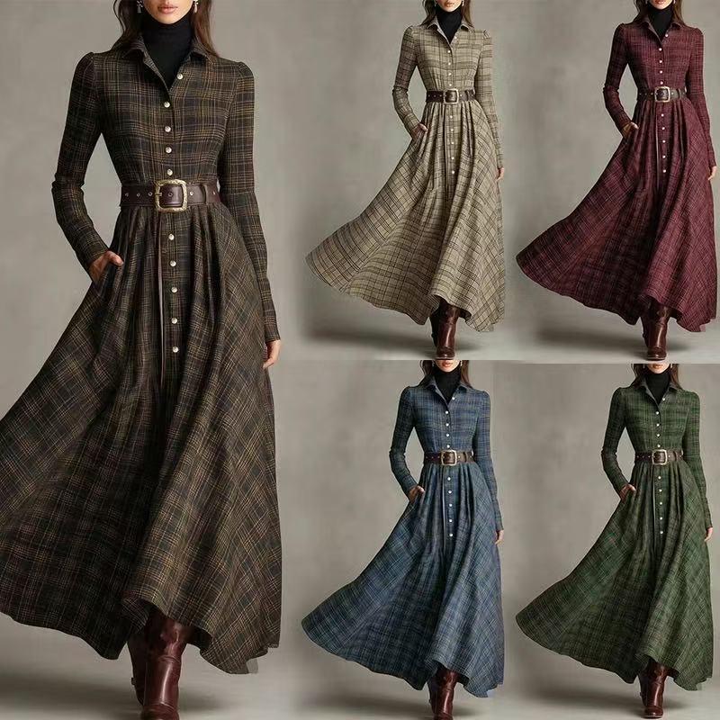 2026 European and American Women's Fashion Amazon Plaid Lapel Pocket Elastic Waist Shirt Dress 2026 European and American Women's Fashion Amazon Plaid Lapel Pocket Elastic Waist Shirt Dress