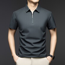 含蚕丝棉麻短袖t恤男夏季新款休闲翻领透气无痕半拉链男士polo衫