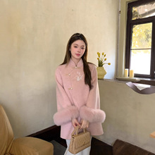 女式毛呢外套25新中式国风刺绣双面羊毛大衣女狐狸袖毛古典气质