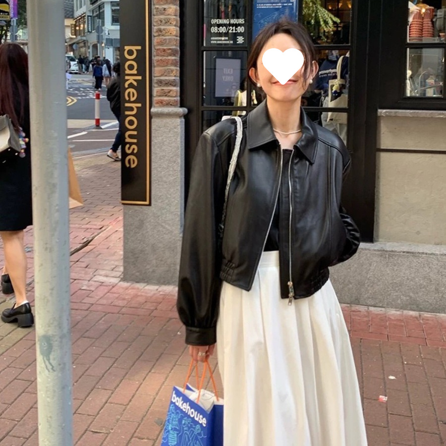 Black Short Leather Jacket for Women 2025 Spring & Fall New Style Small Hong Kong Style Retro Lapel Soft Leather Jacket Motorcycle