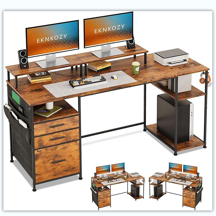 Computer Desk with 3 Filing Cabinets Drawers, Double Monitor Stand