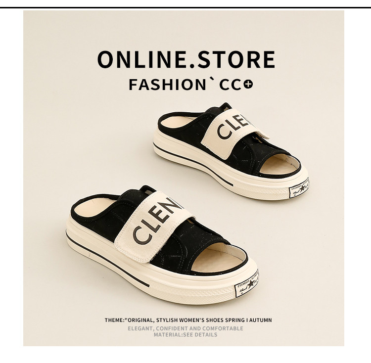 Canvas Slippers For Women Summer Flat Sandals With Velcro Strap_voghion.com