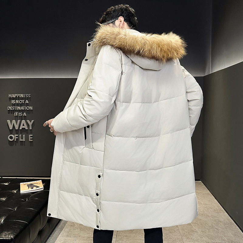 Fábrica directa de invierno para hombres de cuello largo de pelo grueso calentamiento sobre rodillas chaqueta de plumón juvenil