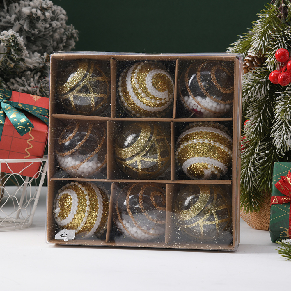 Adornos navideños transfronterizos de 6cm en caja de bolas navideñas pintadas colgantes de bolas decorativas escena tela al por mayor