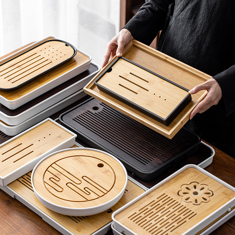 Bamboo Tea Tray Household Serving Tray Rectangular Water Storage Tea Cup Dry Brew Stand Plate Built-in Round Tea Brewing