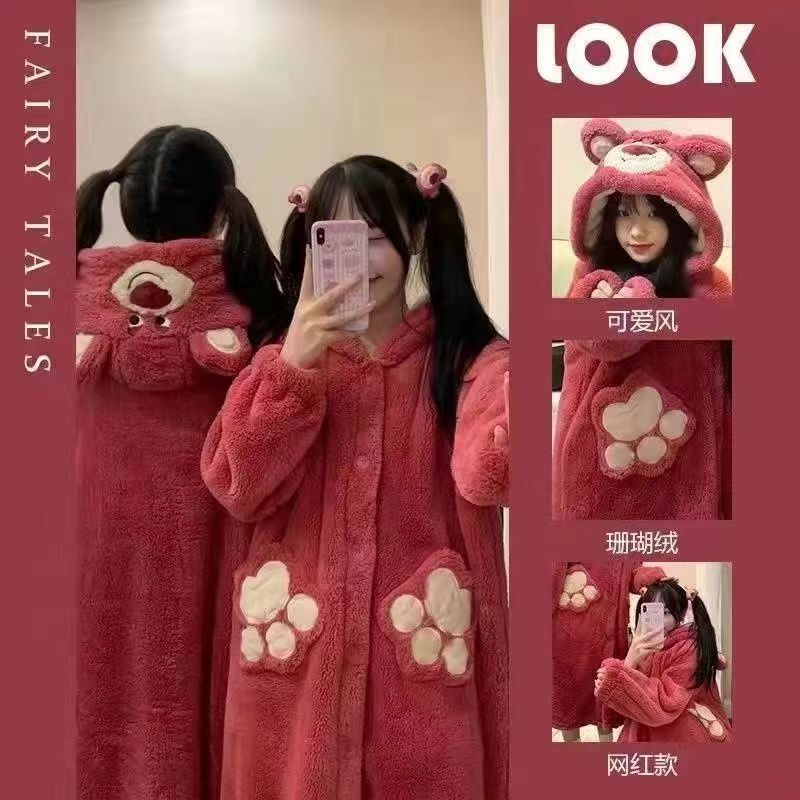 Special price coral fleece nightgown women's winter long thick plus fleece pajamas strawberry bear can be worn outside home clothes can be approved